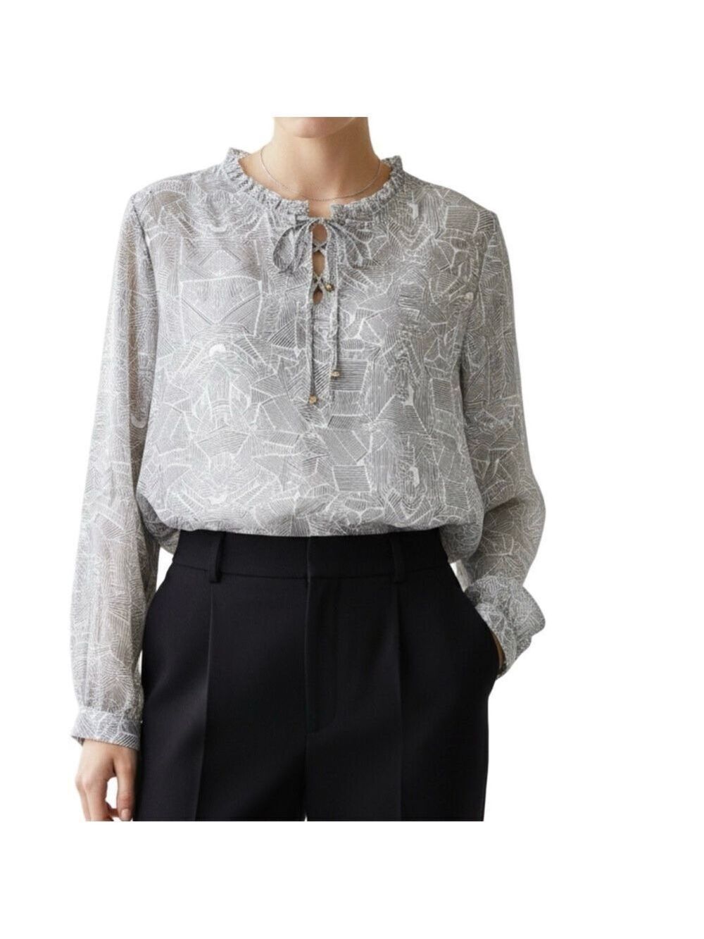 Anine Bing grey white geometric print sheer boxy flowy tie neck top blouse M